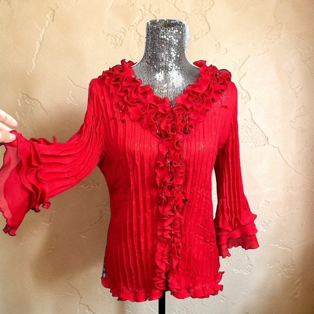Vintage Y2K Red Ruffle Front Chiffon Blouse Flare Sleeve Sequin Bead Top Medium